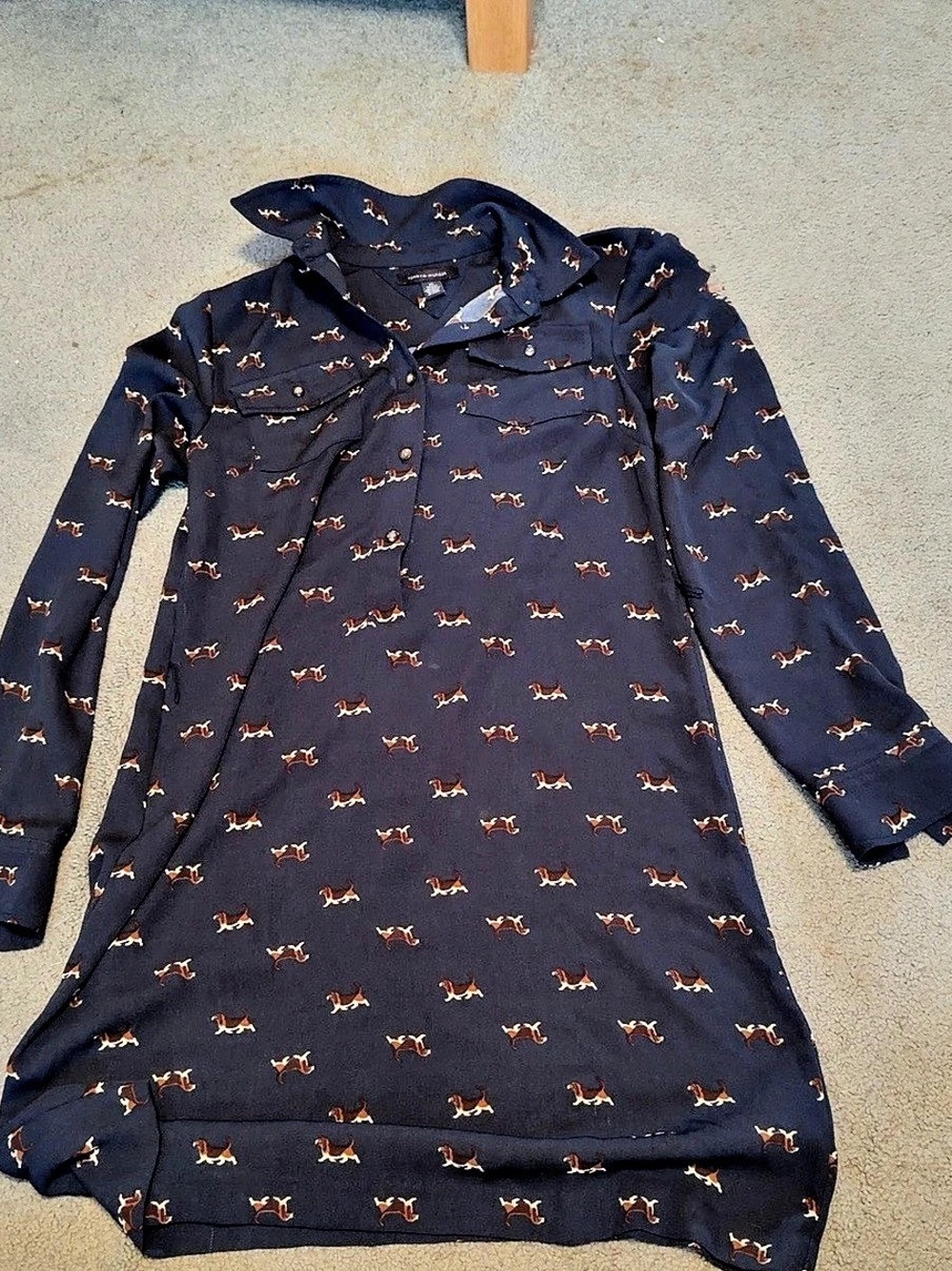Tommy Hilfiger Hound Dog Print Long-Sleeve Shirt Dress Tunic Blue & Orange XS